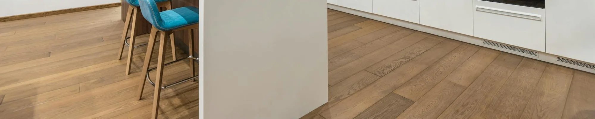 Hardwood flooring in a bright and modern kitchen